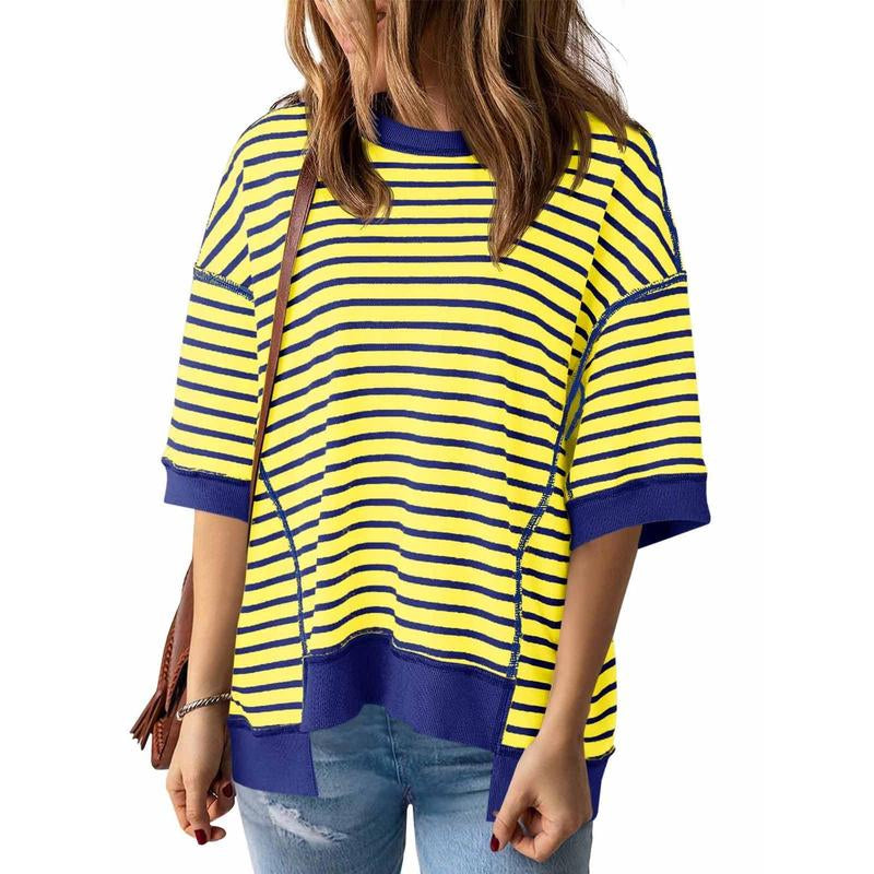 Imily Bela Womens Fashion Oversized Half Sleeve T-Shirts Casual Striped Color Block Cotton Tee Tops Loose Cozy Sweatshirts