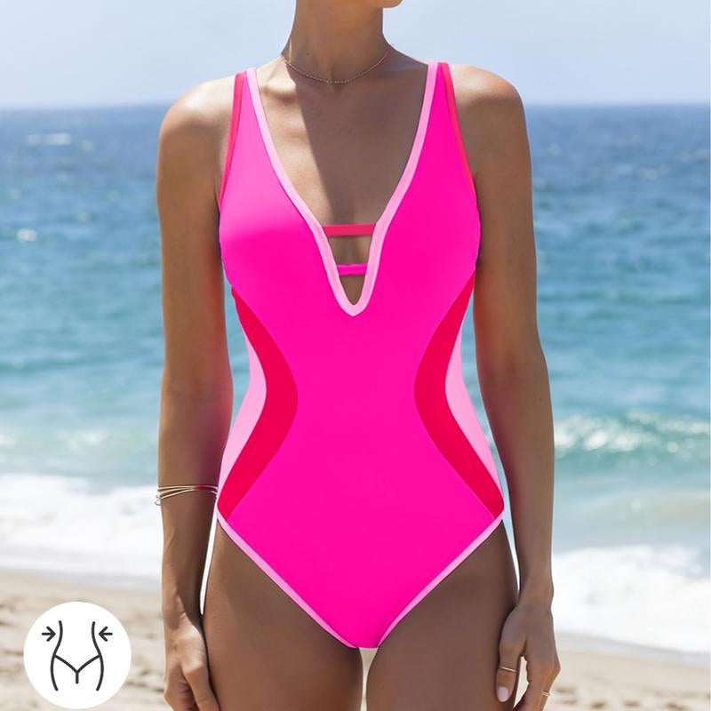 Popvil Women’S Slimming One Piece Swimsuit with Colorblock Contour Design & Adjustable Crisscross Back