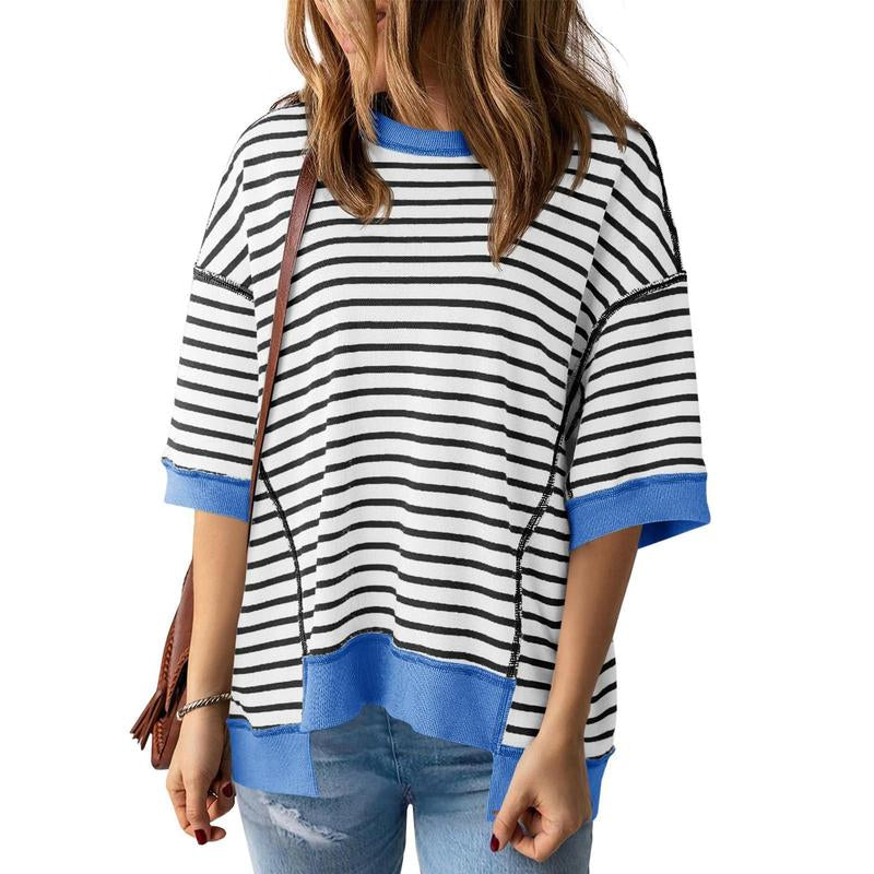 Imily Bela Womens Fashion Oversized Half Sleeve T-Shirts Casual Striped Color Block Cotton Tee Tops Loose Cozy Sweatshirts