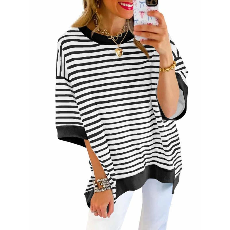 Imily Bela Womens Fashion Oversized Half Sleeve T-Shirts Casual Striped Color Block Cotton Tee Tops Loose Cozy Sweatshirts