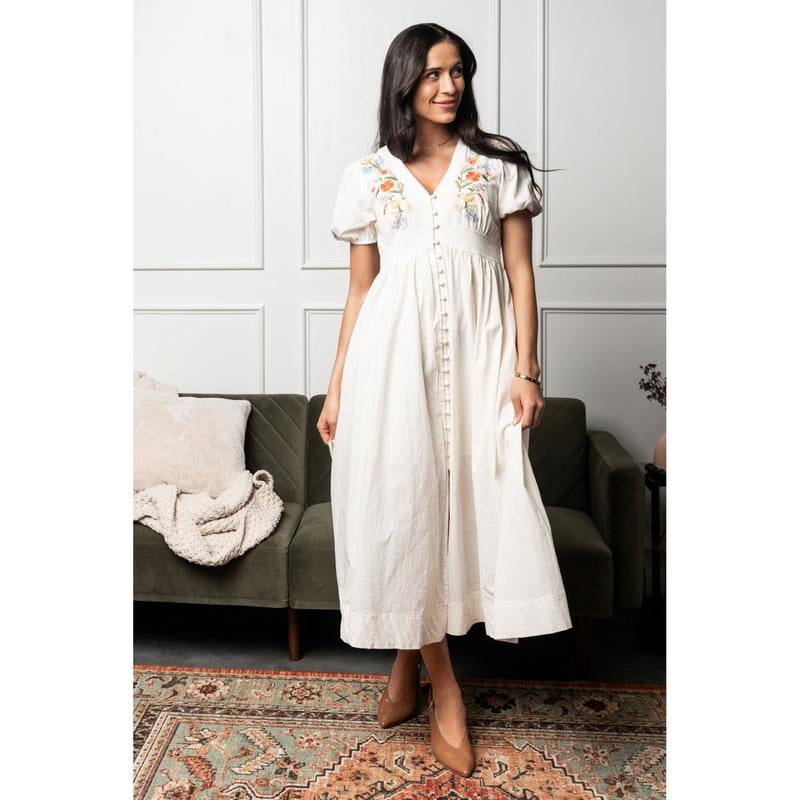 Aurora Bloom Dress with Embroidered Flower Detail