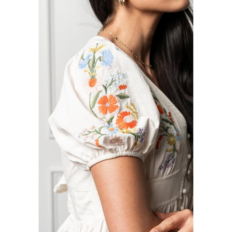 Aurora Bloom Dress with Embroidered Flower Detail