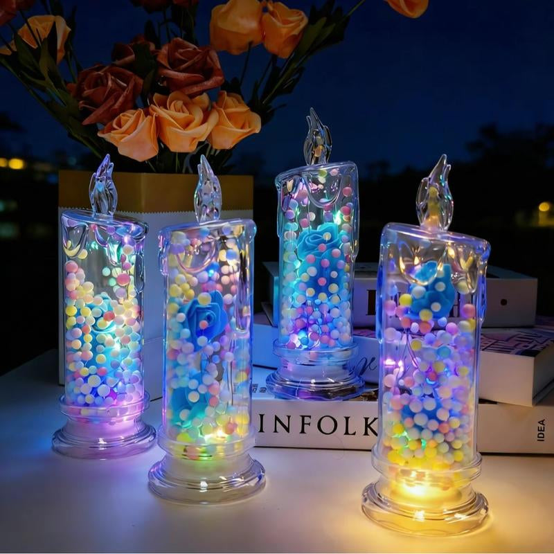 Set of 4 Multicolor Rose Flame-Free Candles Creative Ambiance Romantic Candles LED Realistic Electronic Candles with Preserved Flowers Night Light Decorative Piece Valentine'S Day, Halloween, Christmas Gifts Wedding & Proposal Decorations