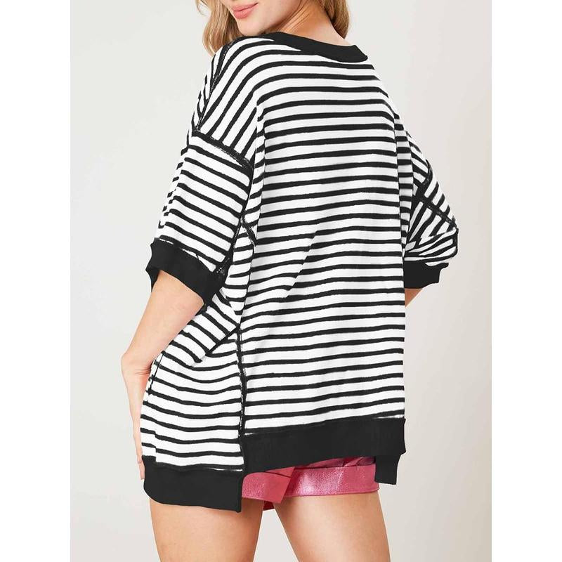 Imily Bela Womens Fashion Oversized Half Sleeve T-Shirts Casual Striped Color Block Cotton Tee Tops Loose Cozy Sweatshirts