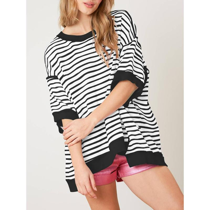 Imily Bela Womens Fashion Oversized Half Sleeve T-Shirts Casual Striped Color Block Cotton Tee Tops Loose Cozy Sweatshirts