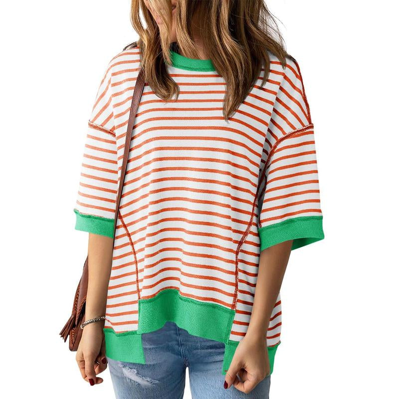Imily Bela Womens Fashion Oversized Half Sleeve T-Shirts Casual Striped Color Block Cotton Tee Tops Loose Cozy Sweatshirts