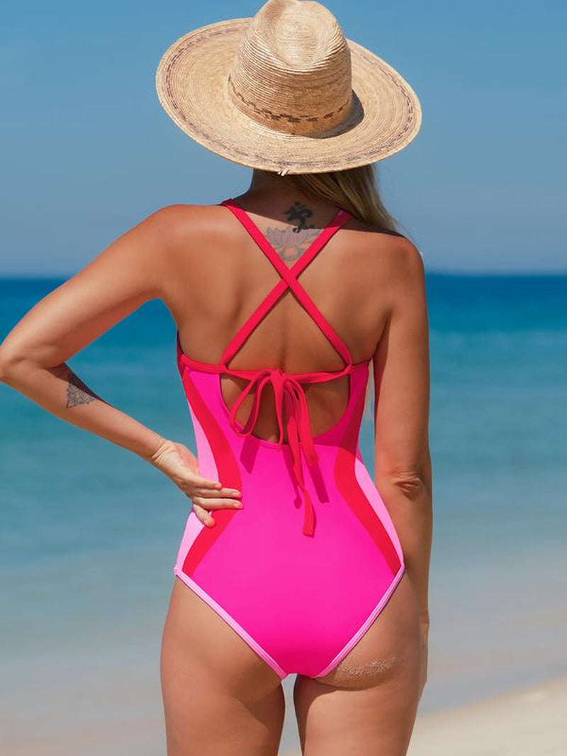Popvil Women’S Slimming One Piece Swimsuit with Colorblock Contour Design & Adjustable Crisscross Back