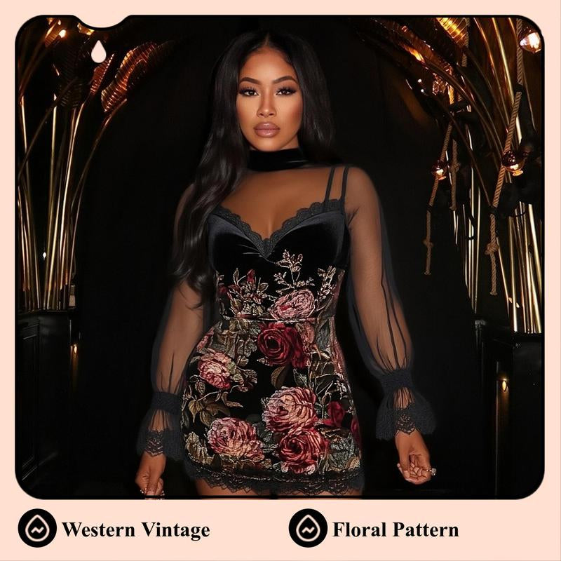 Floral Mini Dress for Women Western Vintage Sexy Long Sleeve Lace Trim Short Bodycon Dress with Elegant Floral Pattern Fit Casual