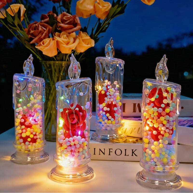 Set of 4 Multicolor Rose Flame-Free Candles Creative Ambiance Romantic Candles LED Realistic Electronic Candles with Preserved Flowers Night Light Decorative Piece Valentine'S Day, Halloween, Christmas Gifts Wedding & Proposal Decorations