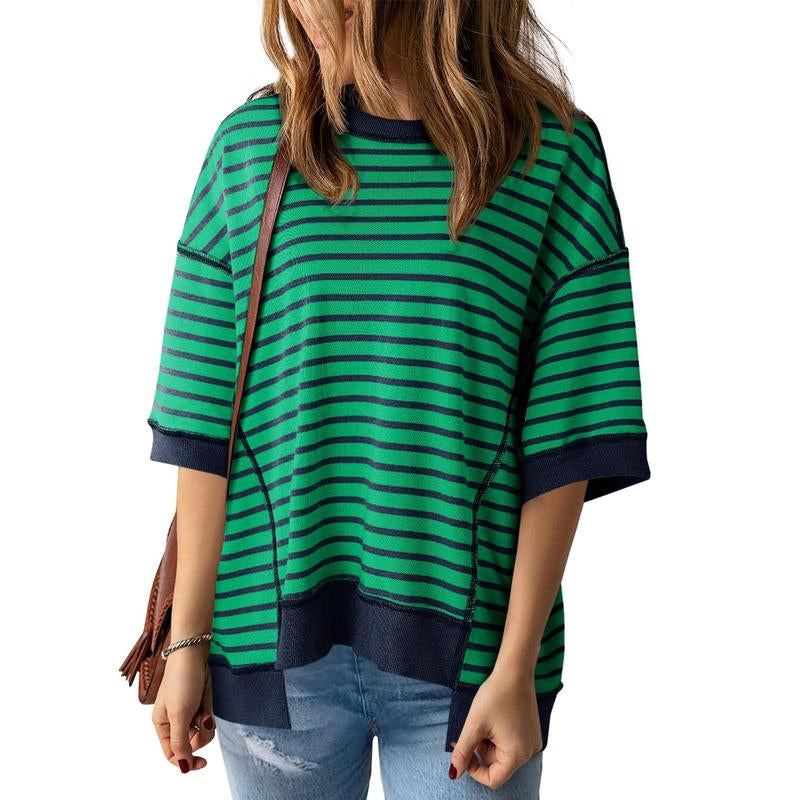 Imily Bela Womens Fashion Oversized Half Sleeve T-Shirts Casual Striped Color Block Cotton Tee Tops Loose Cozy Sweatshirts