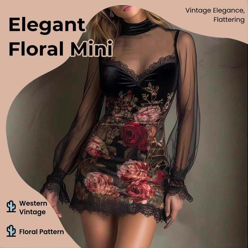 Floral Mini Dress for Women Western Vintage Sexy Long Sleeve Lace Trim Short Bodycon Dress with Elegant Floral Pattern Fit Casual