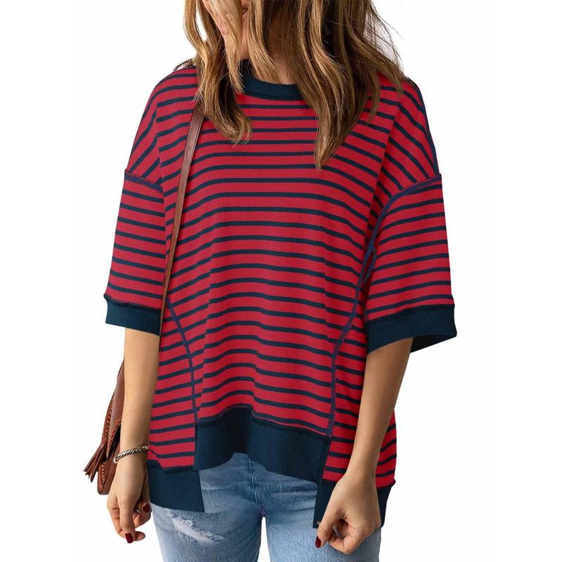 Imily Bela Womens Fashion Oversized Half Sleeve T-Shirts Casual Striped Color Block Cotton Tee Tops Loose Cozy Sweatshirts