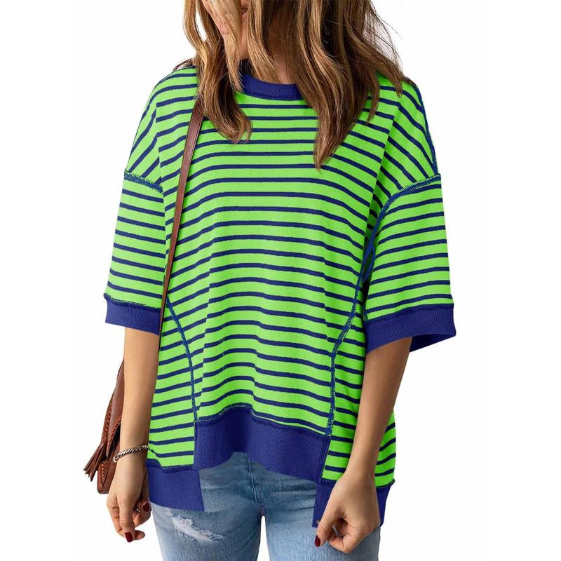 Imily Bela Womens Fashion Oversized Half Sleeve T-Shirts Casual Striped Color Block Cotton Tee Tops Loose Cozy Sweatshirts